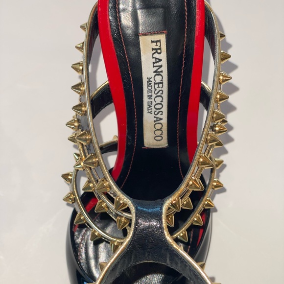 Francesco Sacco Black Patent w/Gold Studs & Red Trim, Ankle Strap, Sz 7.5, Italy - Picture 12 of 15